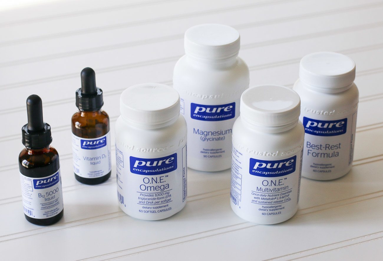 Arrangement of supplements from Pure Encapsulations brand.